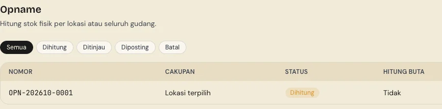 Daftar opname: OPN-202610-0001 untuk lokasi terpilih berstatus dihitung, dengan kolom hitung buta.