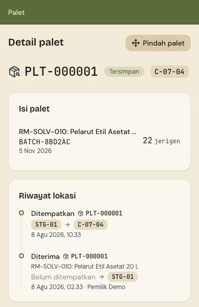 Detail palet PLT-000001 di ponsel Petugas: tombol Pindah palet dan riwayat lokasi dari staging STG-01 ke rak C-07-04.