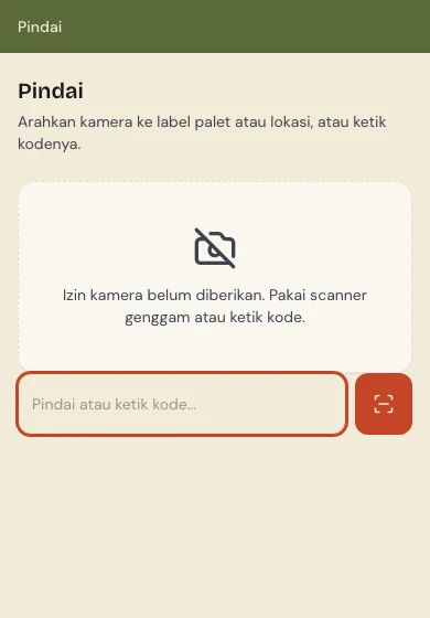 Layar Pindai Palletin di ponsel: area kamera, dan kolom untuk memindai dengan pemindai genggam atau mengetik kode palet atau lokasi.